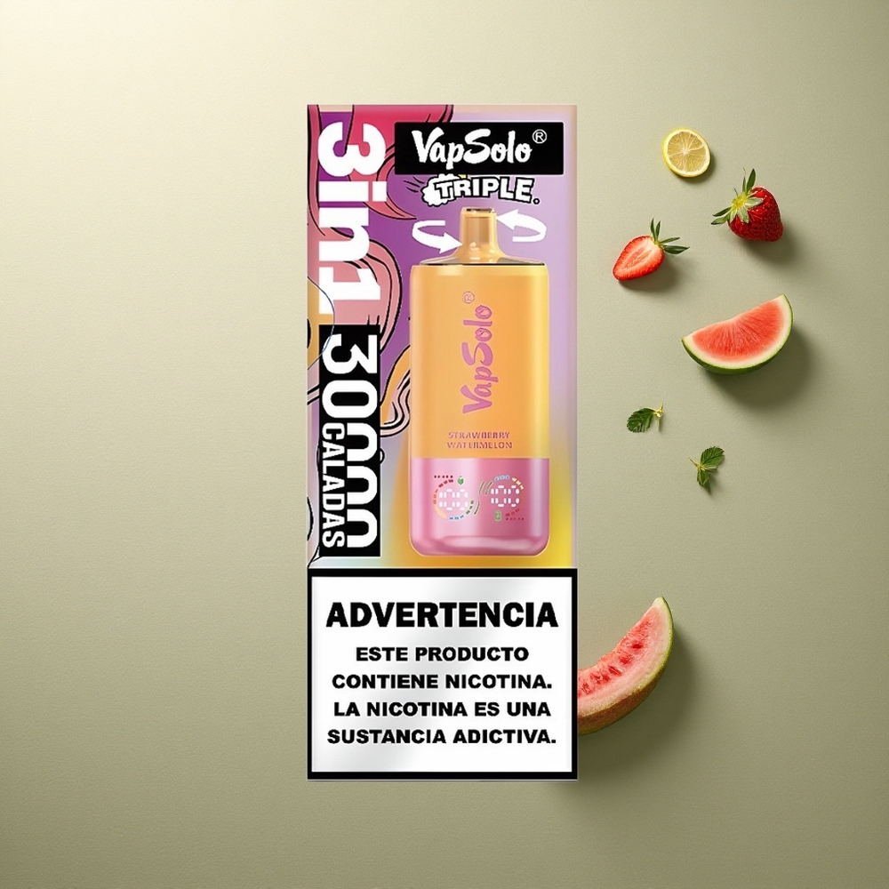 Vapsolo Triple 30000 Puffs Fresa Sandía  Limón Melocotón con 40ml y Tipo-C